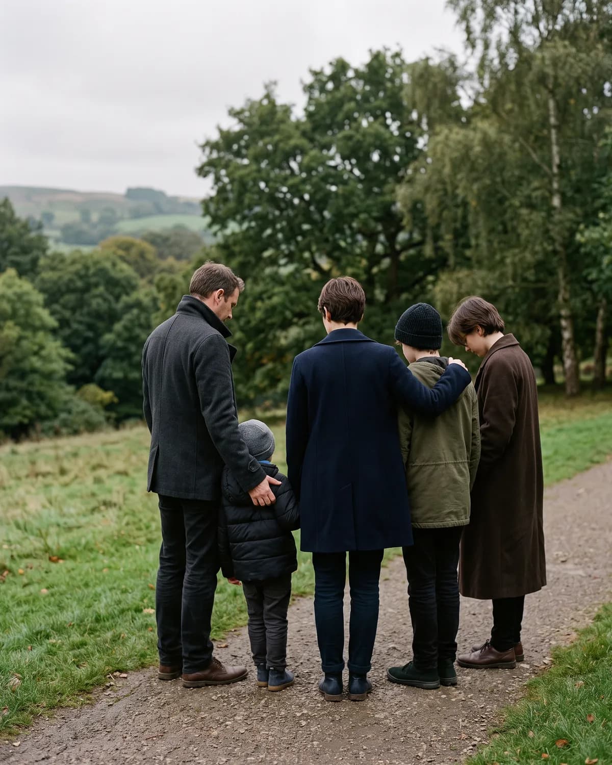 A family standing close together outdoors on a quiet park path, one hand resting on a young person’s shoulder.