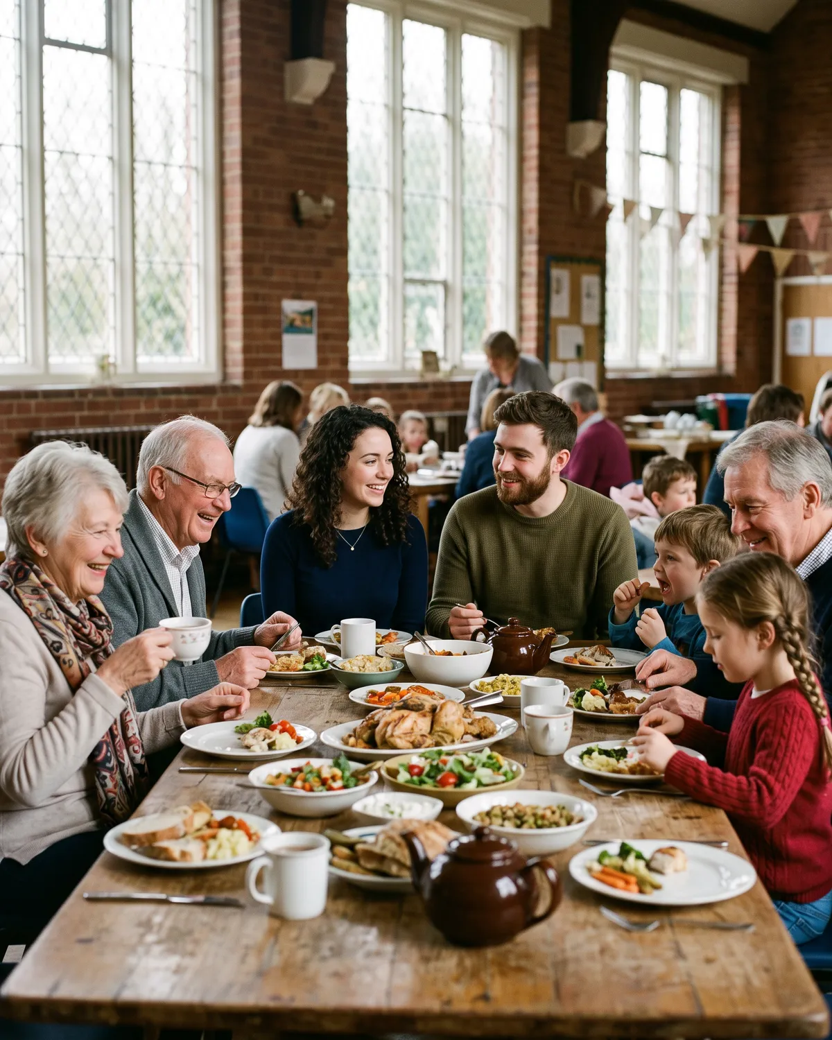 A couple and their family laughing together over shared food at a long table in a sunlit community hall.